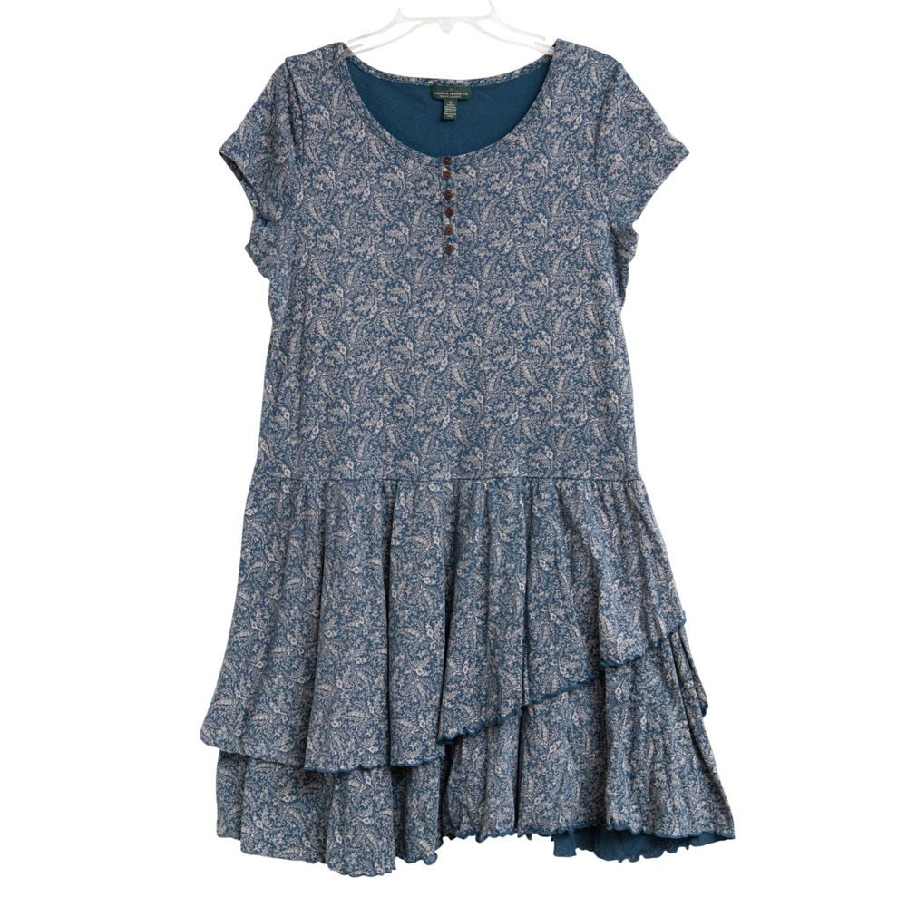 Ralph Lauren Dress XL Blue Paisley Henley Tiered Ruffle Romantic Shabby Chic